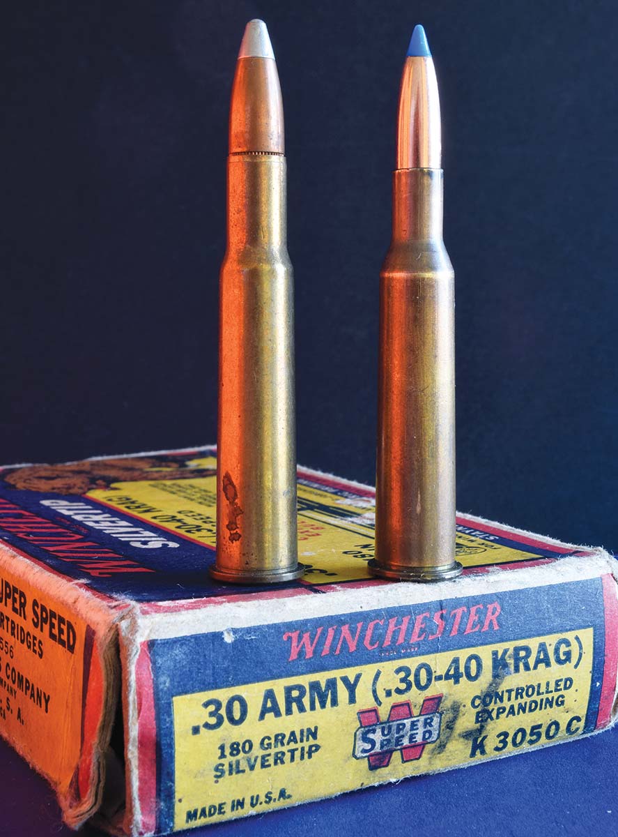 The 25 Short Krag (below left) is slightly stubbier than its 30-40 parent, the first U.S. smokeless cartridge.